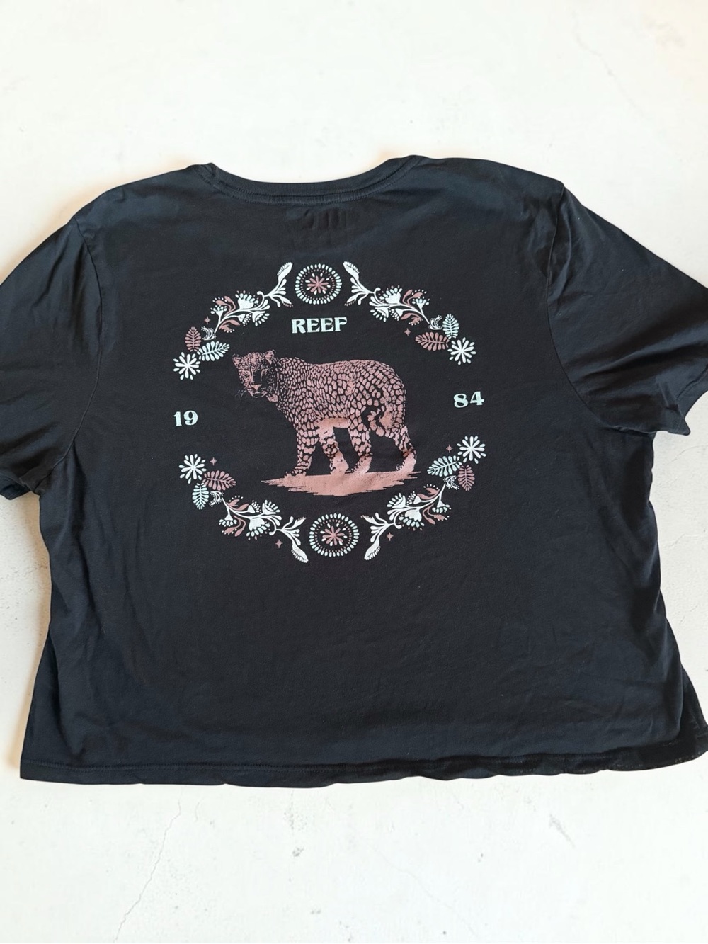 Reef Black Crop Top with Pink and White Graphic